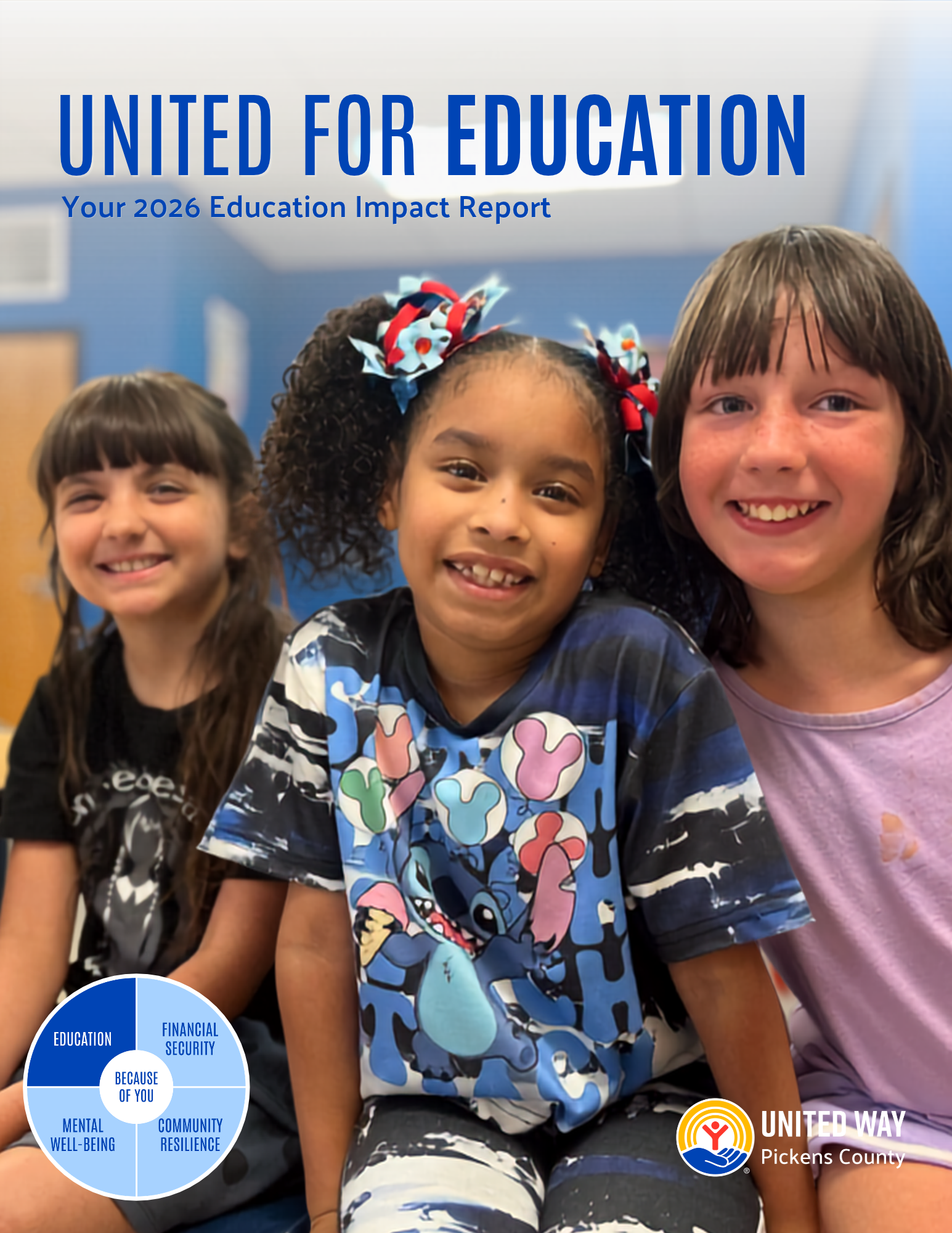The cover of the Education Impact report featuring three Camp iRock campers smiling for the camera